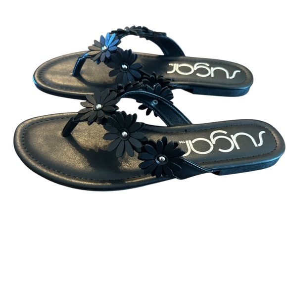 Sugar Black  Flat Thong Sandals Floral Band NEW Size 8.5 - Picture 6 of 10